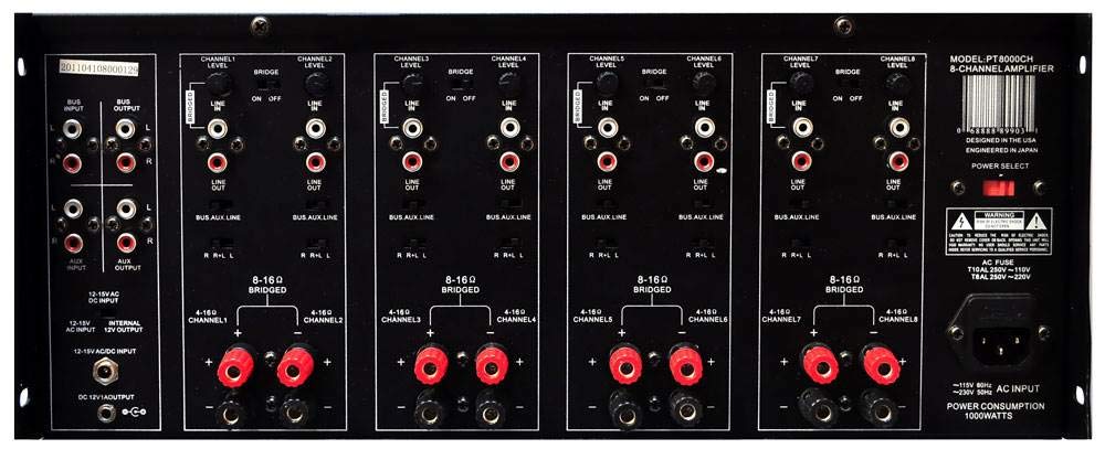 Bridgeable four-channel setup on the PT8000CH for higher output power.