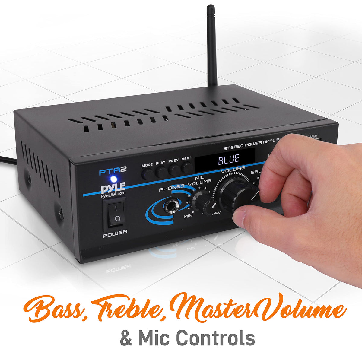 Pyle PTA2 close-up of bass treble balance and mic volume knobs for easy tone shaping