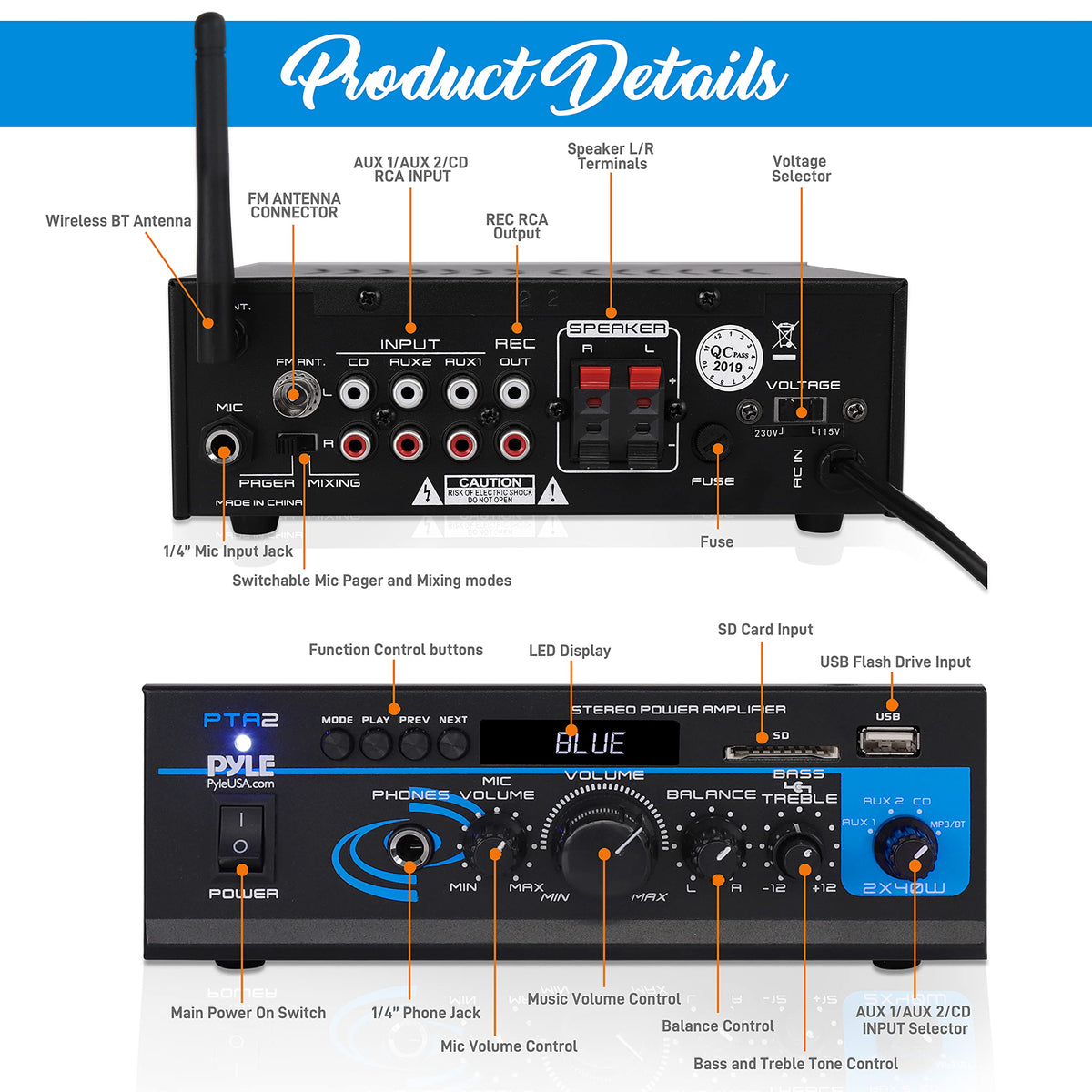 Pyle PTA2 rear panel with RCA inputs and push-type speaker terminals for flexible connections