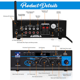 Pyle PTA2 rear panel with RCA inputs and push-type speaker terminals for flexible connections