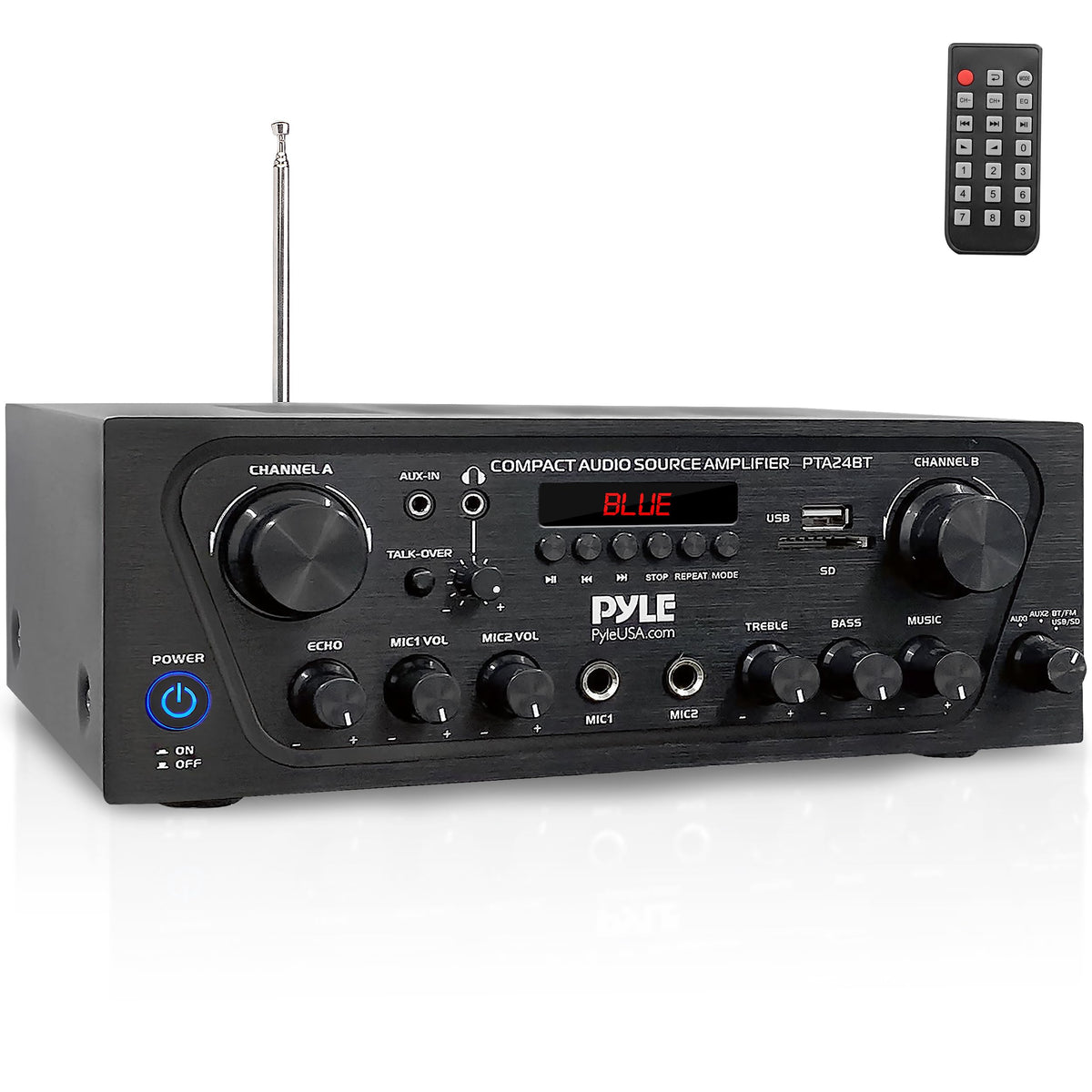 Pyle PTA24BT front panel controls for easy sound adjustments