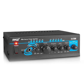 Pyle PTA4 on shelf beside speakers showing compact size and space-saving benefit