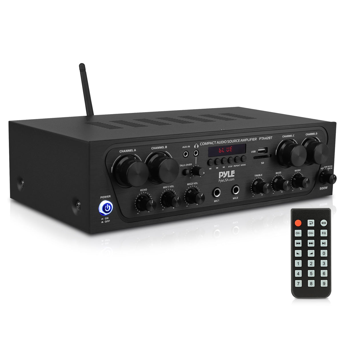 Pyle PTA42BT front panel showing controls and display, fast setup benefit