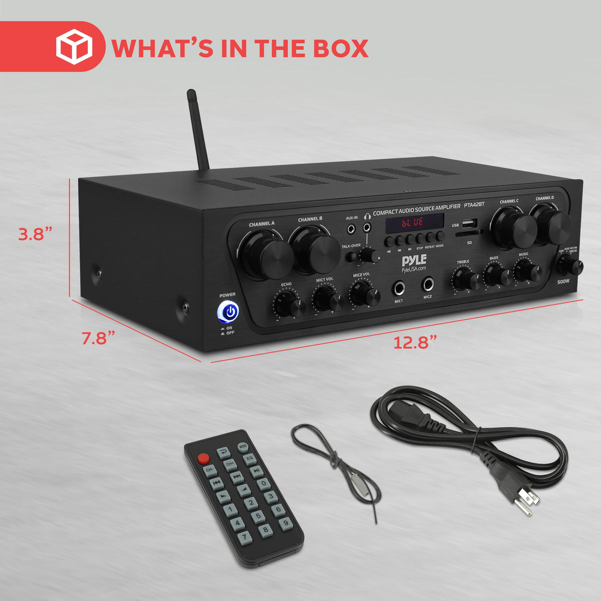 Pyle PTA42BT in a living room with speakers, versatile home-audio benefit
