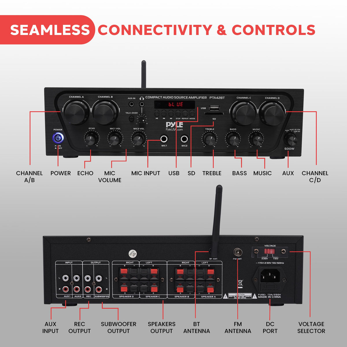 Pyle PTA42BT closeup of dual 1/4-inch mic inputs, clear live-voice control