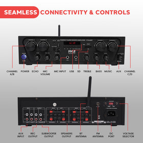 Pyle PTA42BT closeup of dual 1/4-inch mic inputs, clear live-voice control
