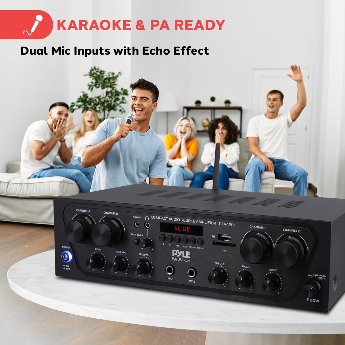 Pyle PTA42BT remote control in hand, convenient distant volume adjustment