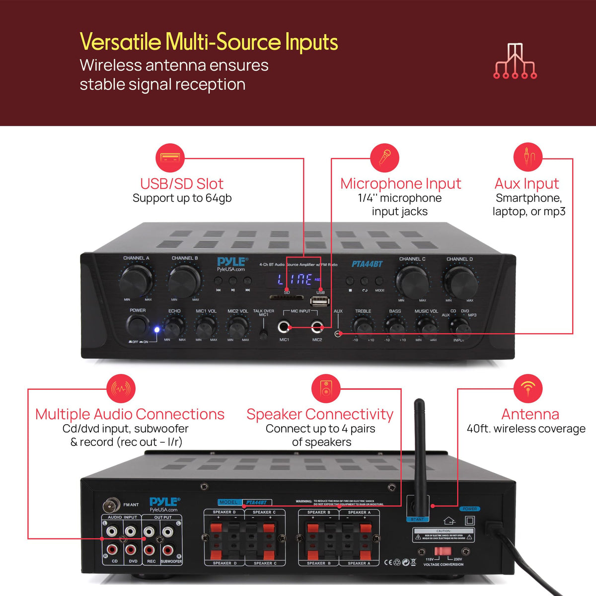 Pyle PTA44BT Bluetooth pairing for wireless audio from any device.