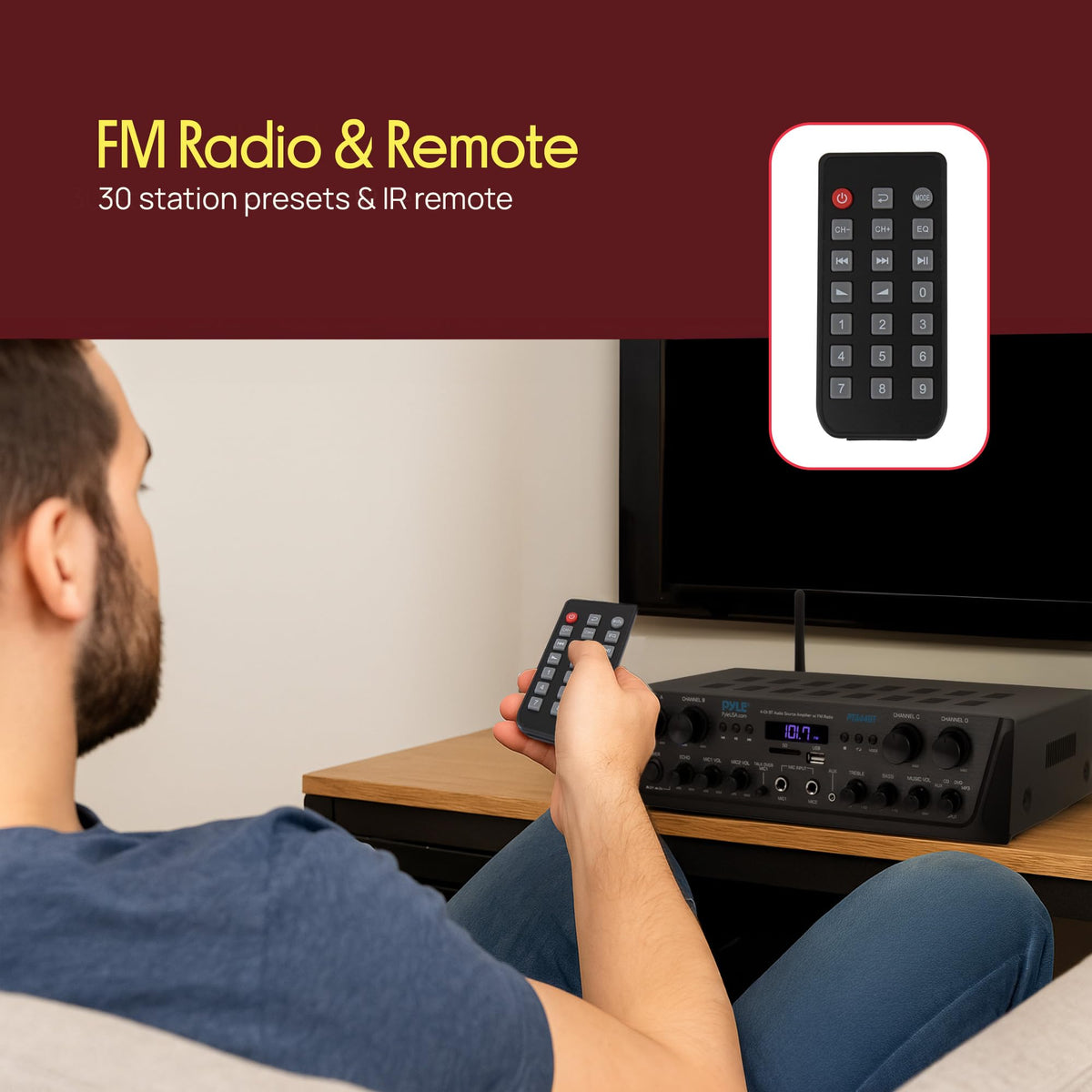 Pyle PTA44BT built-in FM tuner with digital display.