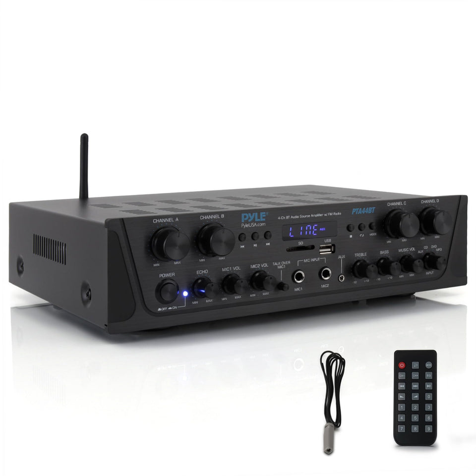 Pyle PTA44BT front panel controls for easy source and tone adjustments.