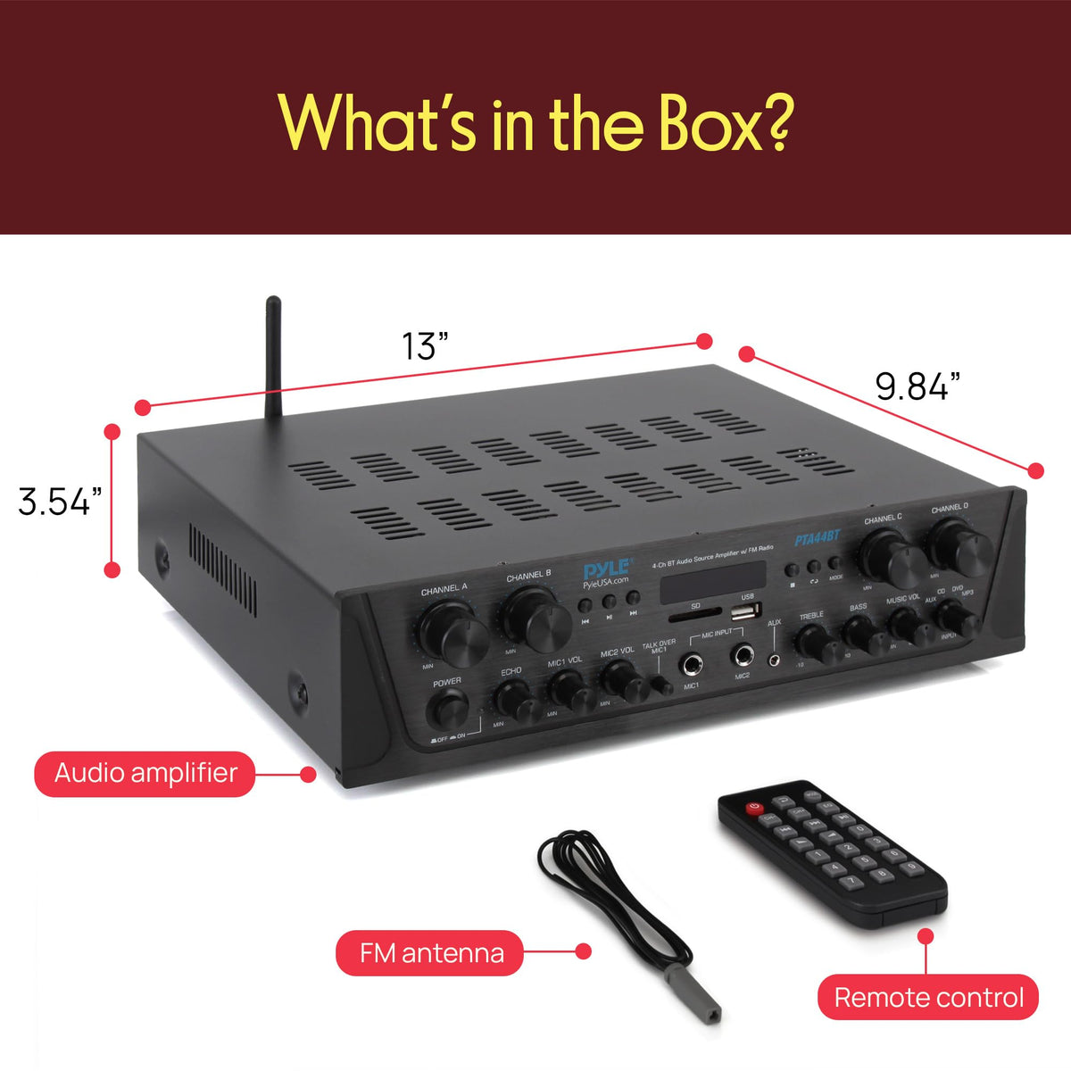 Pyle PTA44BT remote control for distant volume and settings.