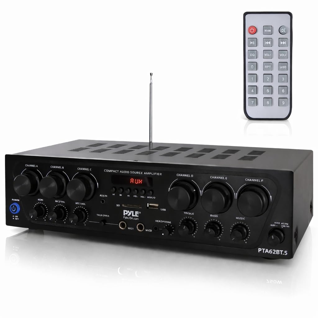 Pyle PTA62BT-5 front panel controls for quick volume and source selection.