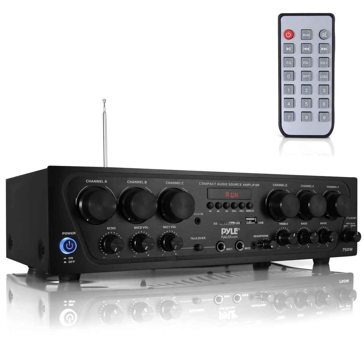 Pyle PTA62BT front panel controls for quick input selection and volume adjustment