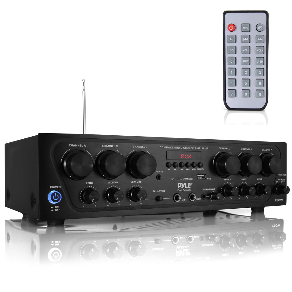 Pyle PTA62BT front panel controls for quick input selection and volume adjustment