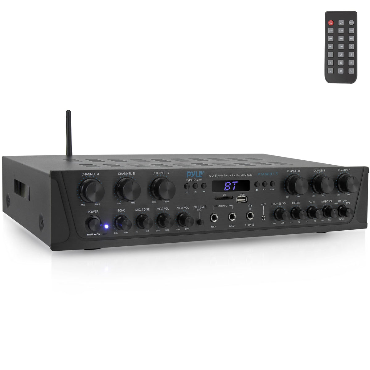 Pyle PTA66BT front panel controls for quick setup and tuning.