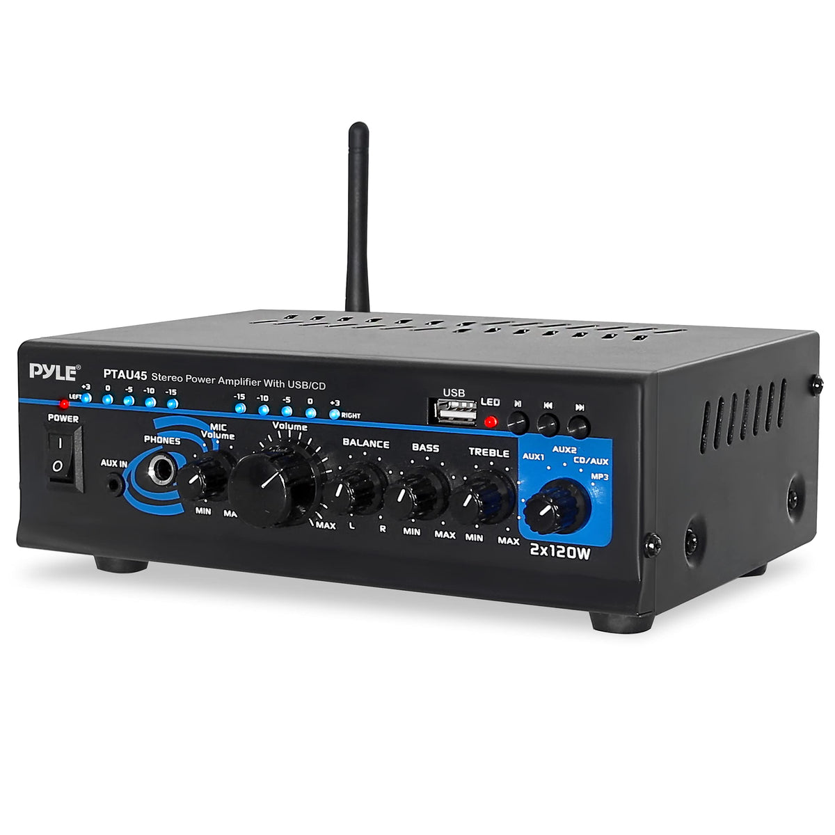 Pyle PTAU45.5 front panel showing controls and Bluetooth for easy playback