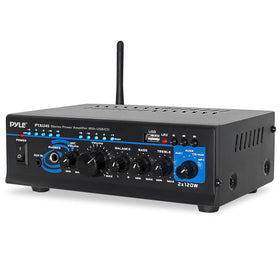 Pyle PTAU45.5 front panel showing controls and Bluetooth for easy playback