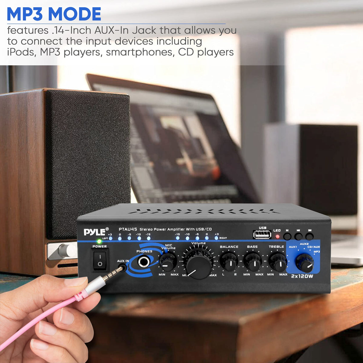 Pyle PTAU45.5 in a small office audio setup showing practical everyday use