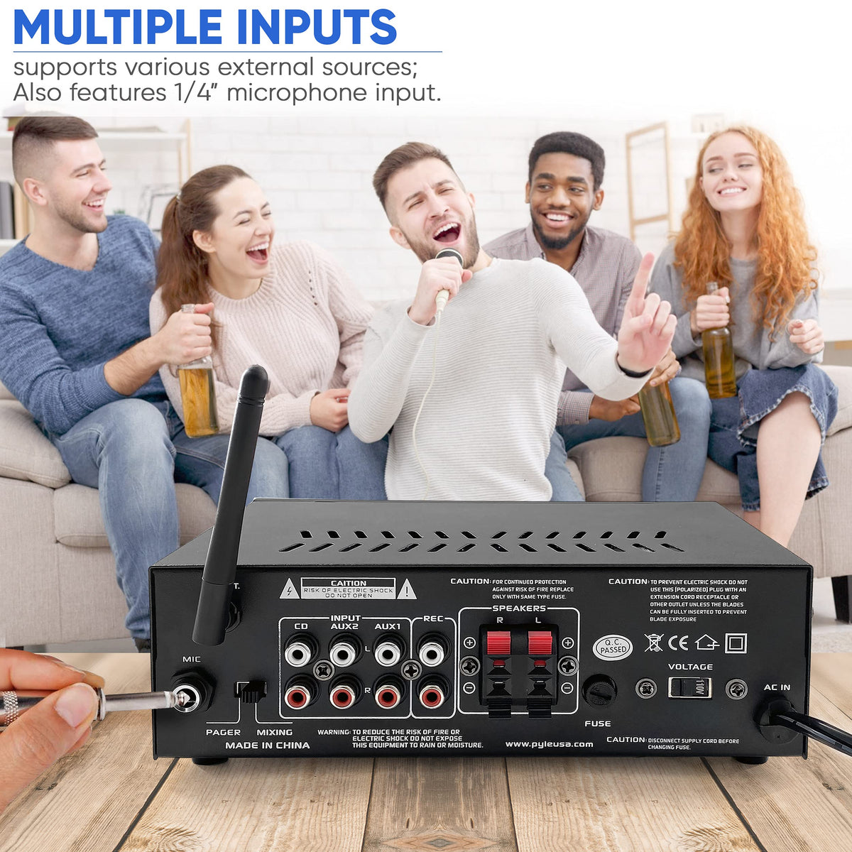 Pyle PTAU45.5 mic input and pager/mix switch enabling announcements and karaoke