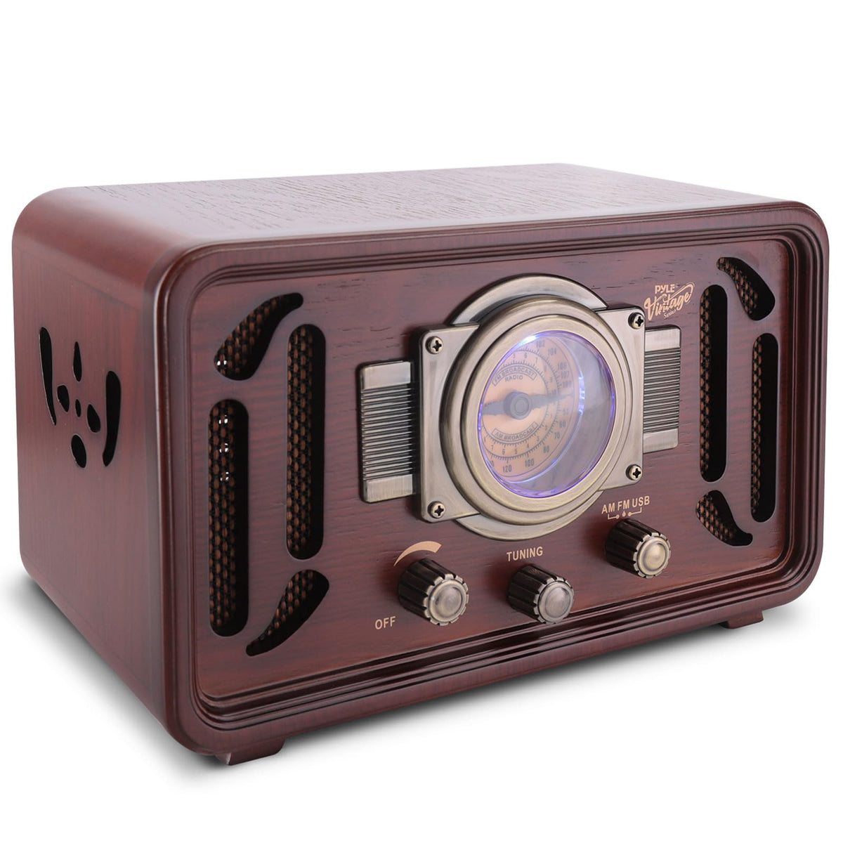 Pyle PUNP34BT classic style radio front with Bluetooth for wireless listening.