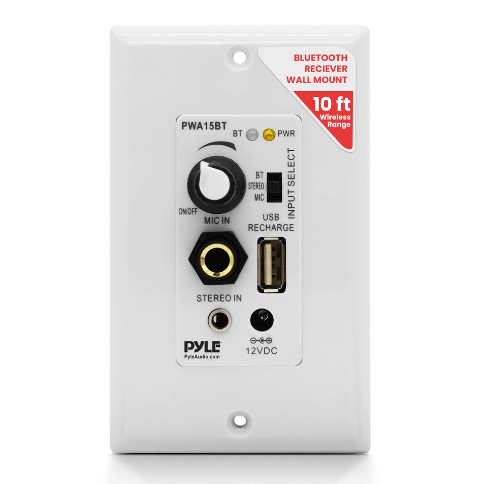 Pyle front panel view showing controls and USB port for easy wall audio control