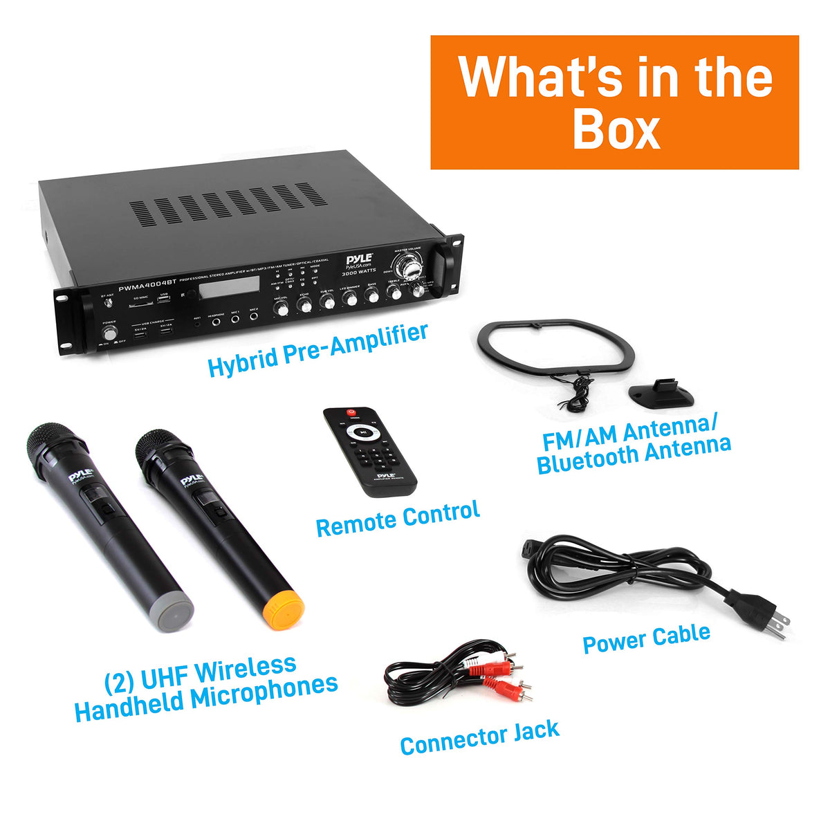 Pyle PWMA4004BT karaoke setup with mic inputs and subwoofer output