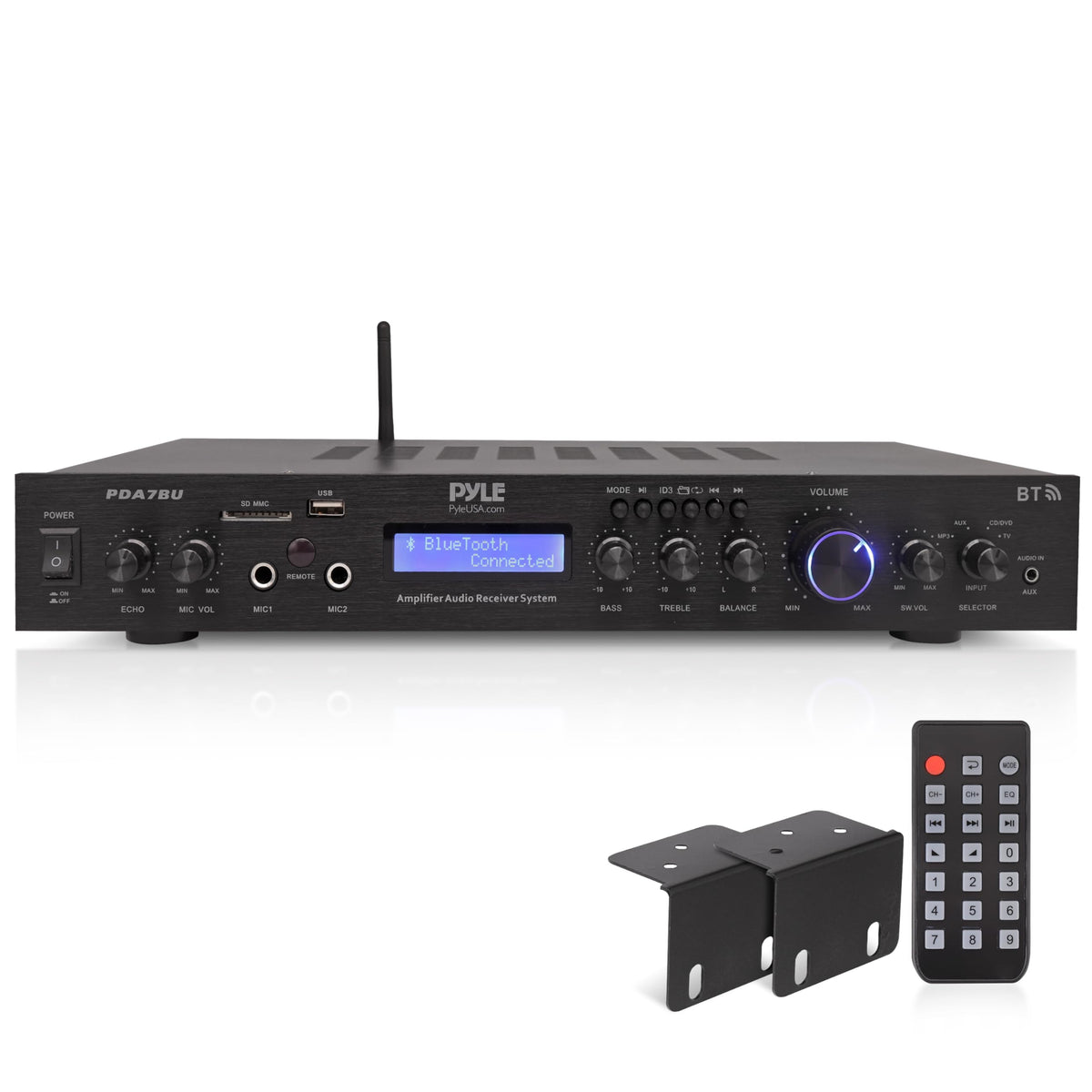Pyle rack-mount Bluetooth amplifier front panel with easy-access controls.