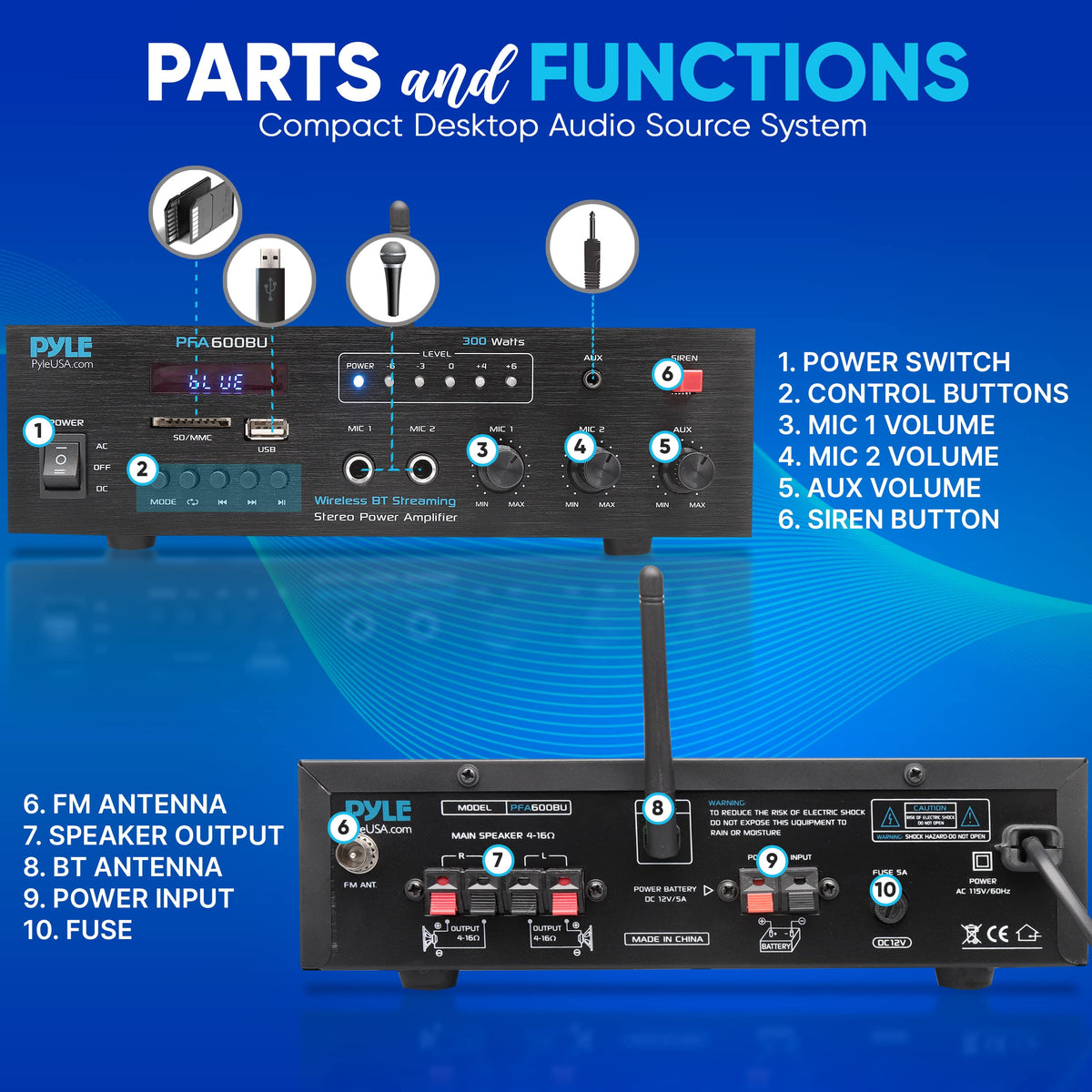 Pyle rear connections showing speaker terminals and 12V input, flexible installation