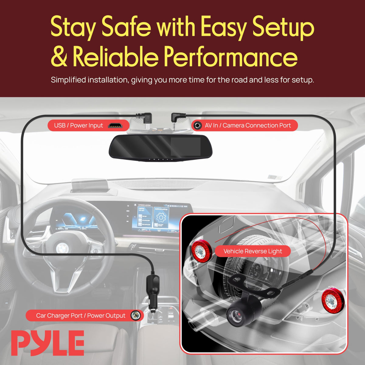 Pyle rear waterproof camera close-up for reliable backup recording