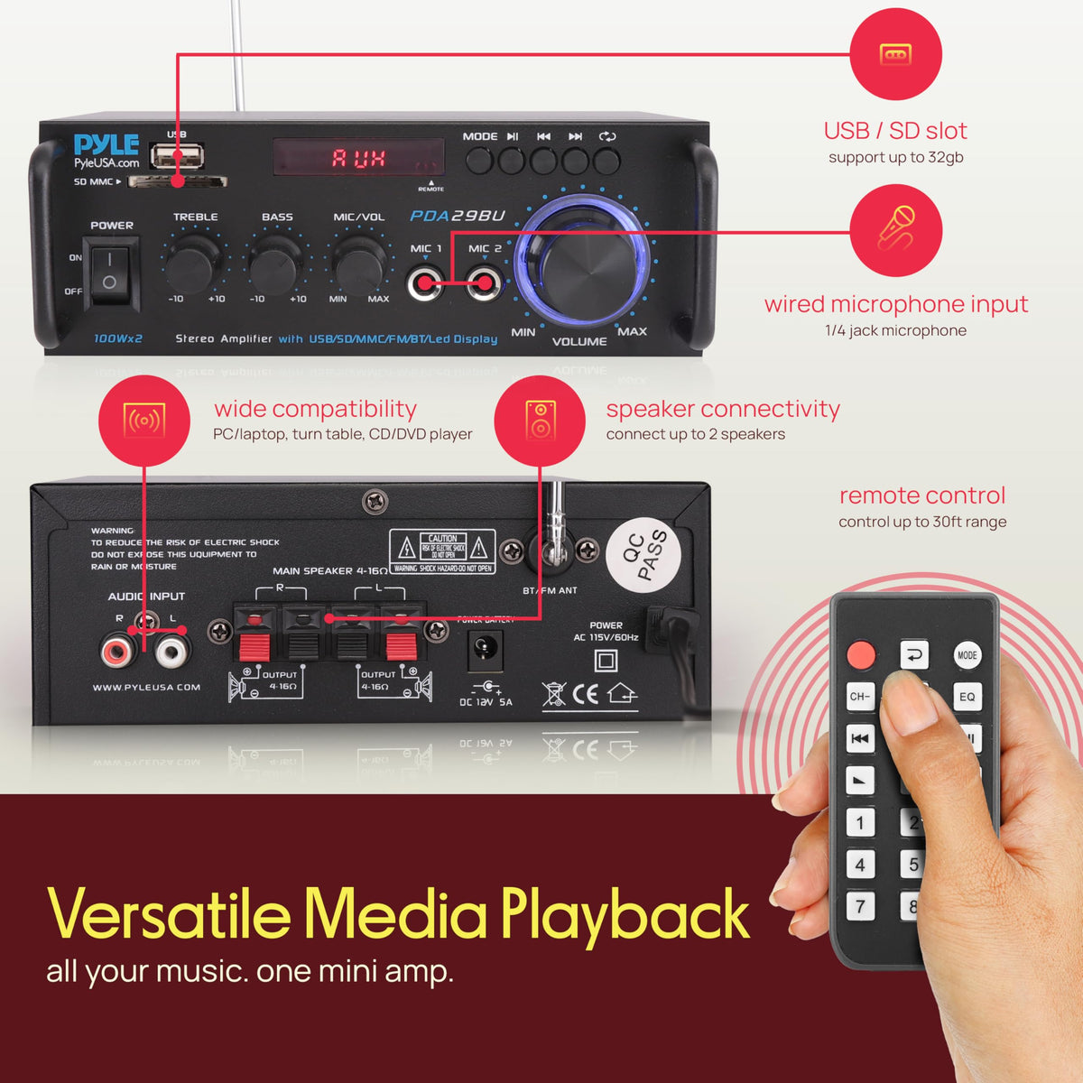 Pyle remote control beside unit enabling convenient source and volume control from distance