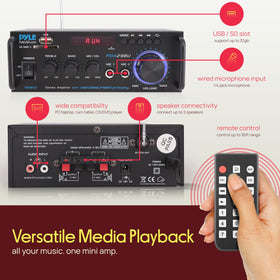 Pyle remote control beside unit enabling convenient source and volume control from distance