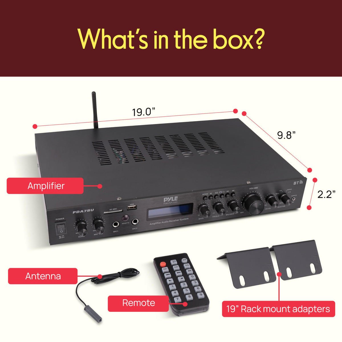Pyle remote and rack-mount hardware for simple installation.