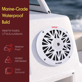Pyle speaker in boat lifestyle shot demonstrating marine-ready audio benefit