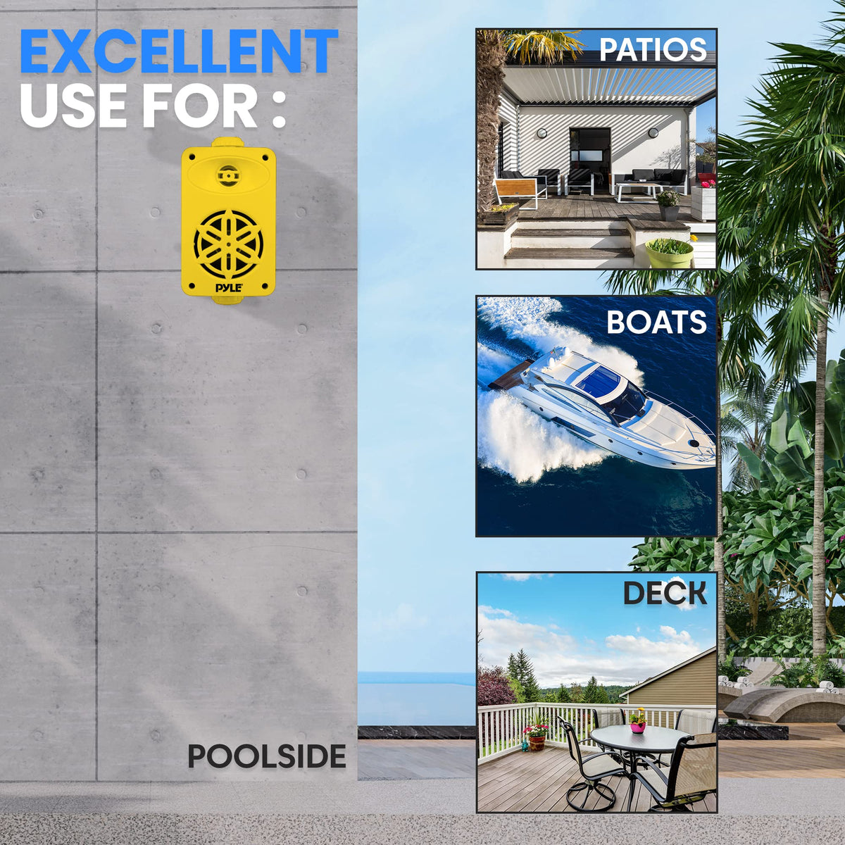 Pyle speakers with water splashes illustrating marine-grade waterproof protection