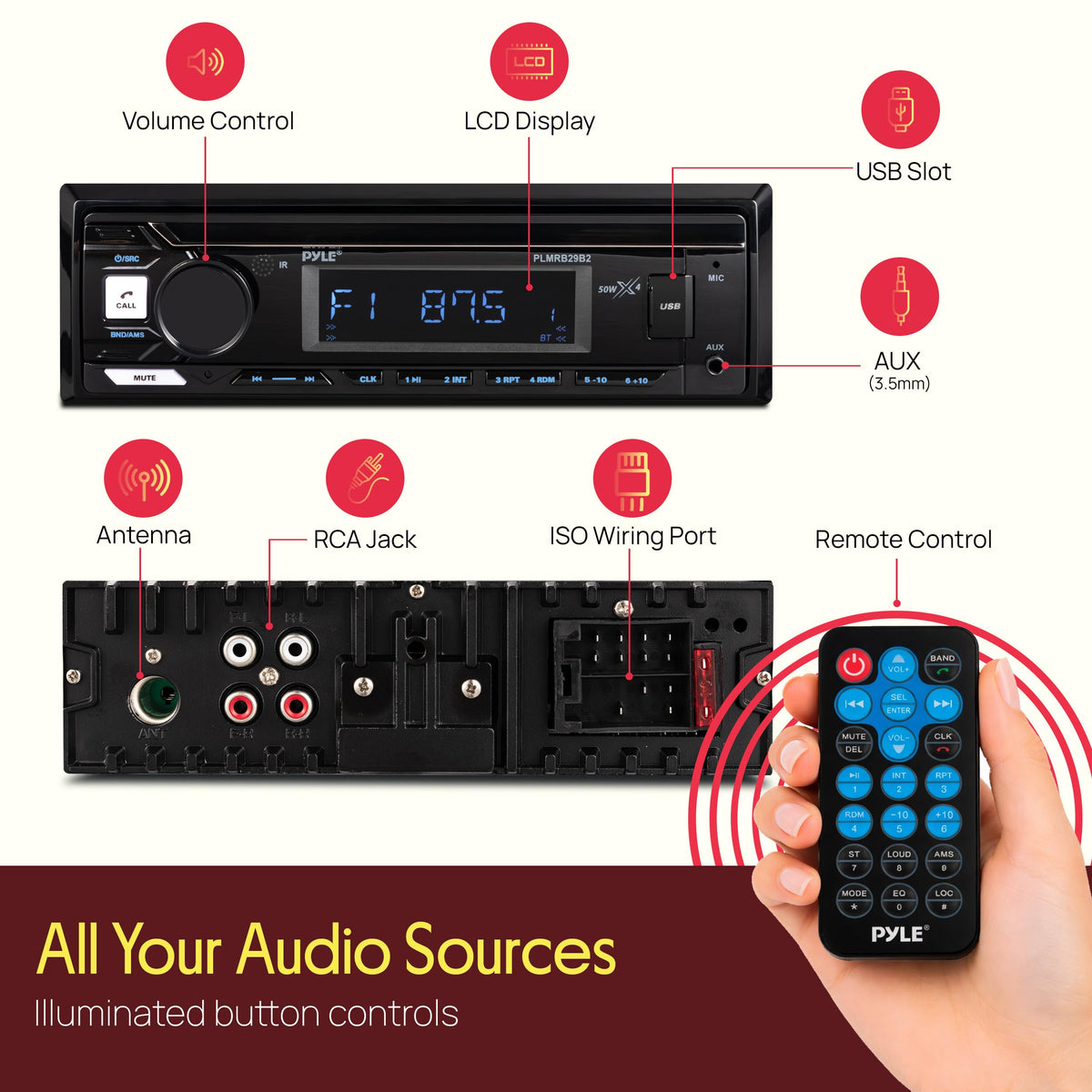 Pyle USB and AUX ports detail for charging and wired playback convenience