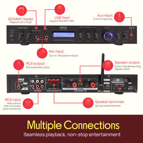 Pyle USB and SD readers enable convenient media playback.