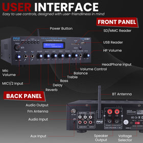 Pyle Wireless BT Stereo Amplifier back panel showing RCA and mic inputs for versatile connections