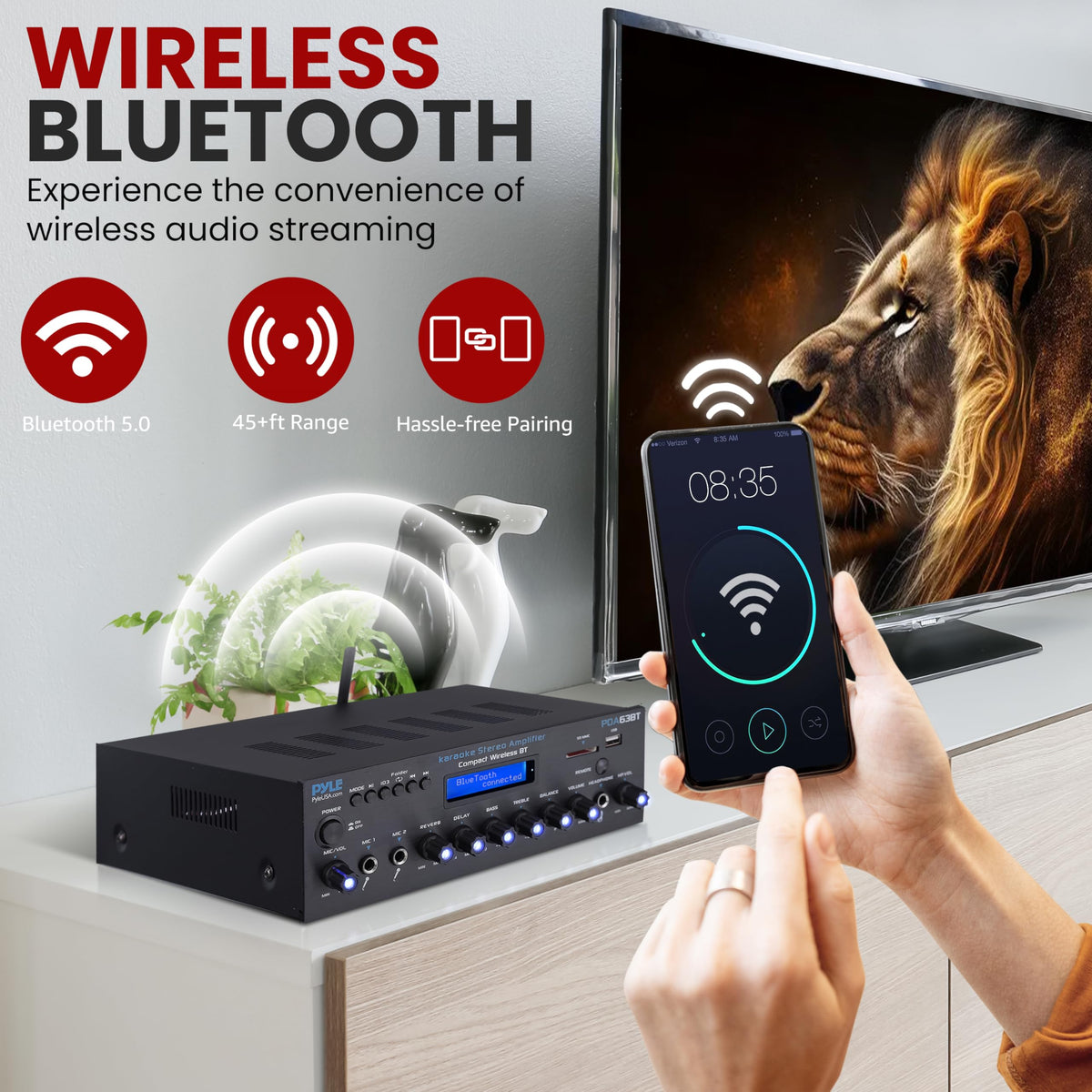 Pyle Wireless BT Stereo Amplifier FM radio with auto-scan presets for background listening