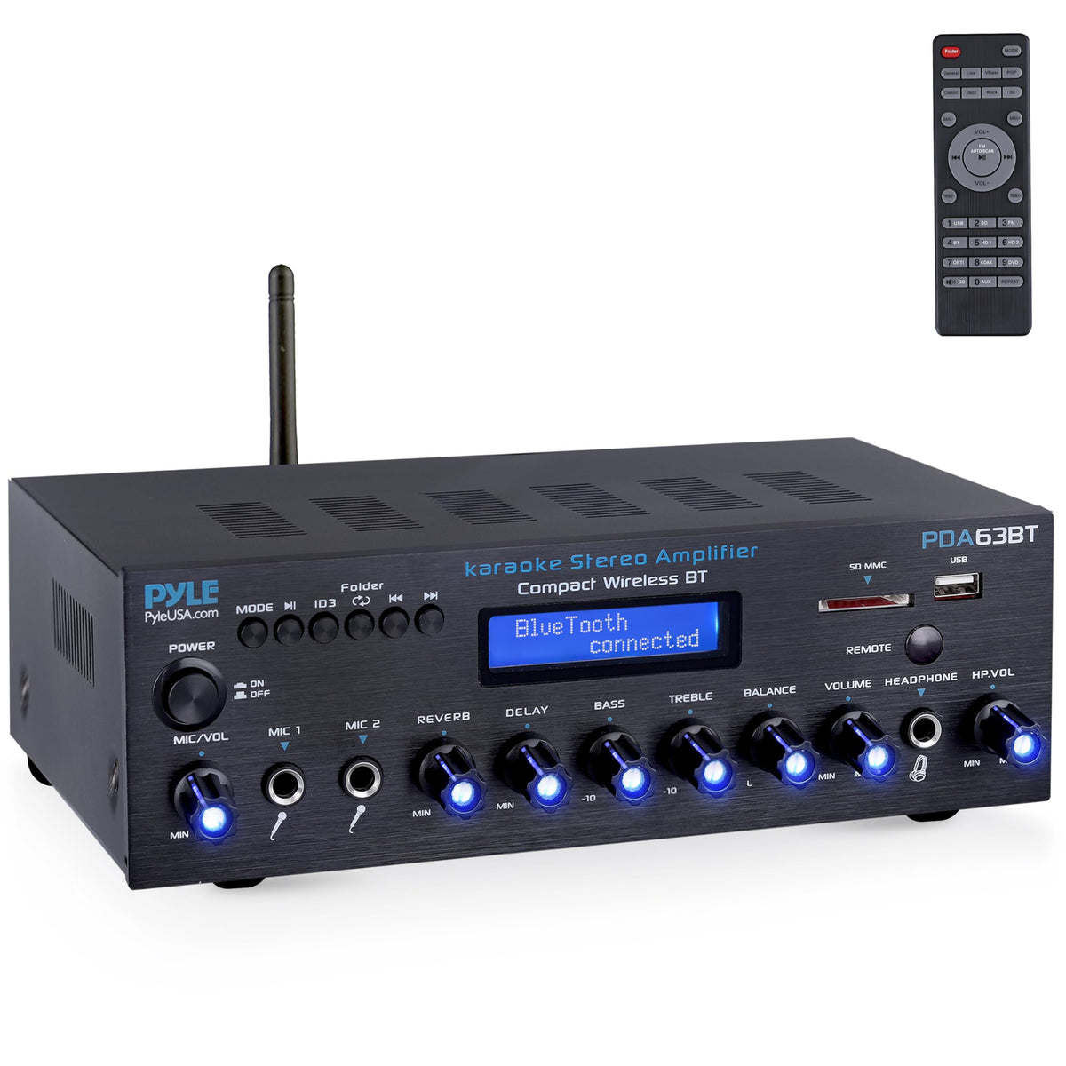 Pyle Wireless BT Stereo Amplifier front panel with controls for easy setup