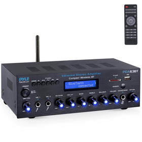 Pyle Wireless BT Stereo Amplifier front panel with controls for easy setup