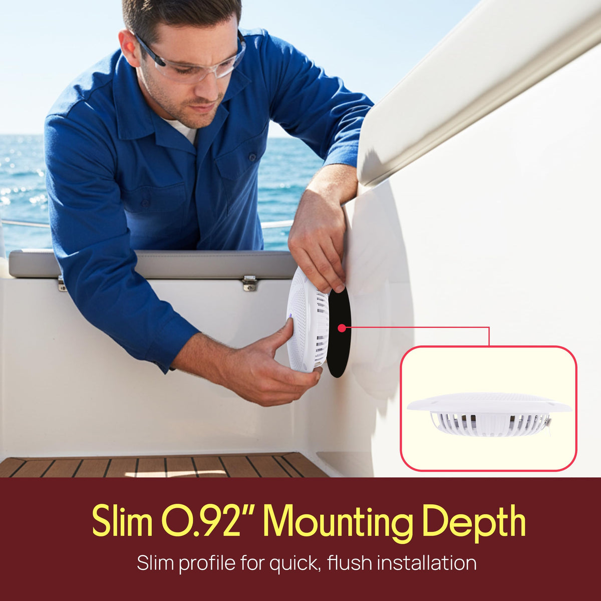 Pyle wiring and depth shot showing included 9.8-foot cable and compact mounting dimensions