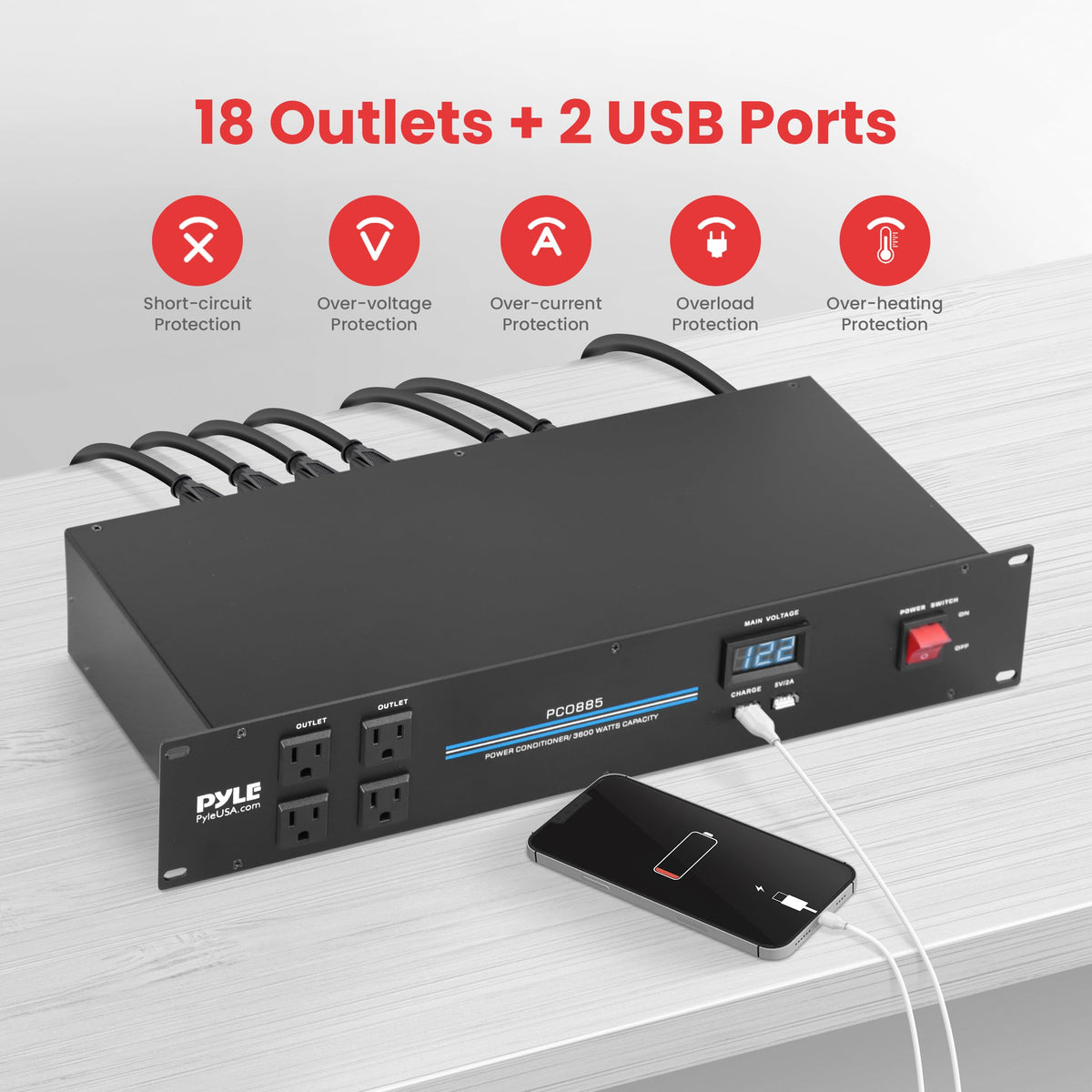 PylePro rear outlet array with 14 sockets for tidy rack equipment connections