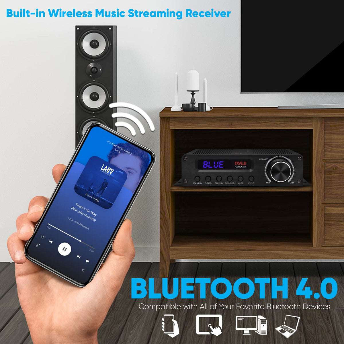 PyleUSA HDMI output and inputs for modern connections.