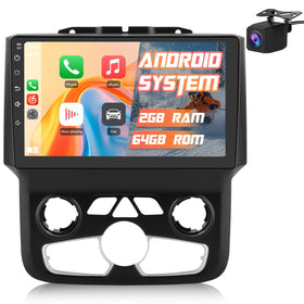Pyniro 9-inch head unit front panel installed in Dodge RAM dashboard showing modern display