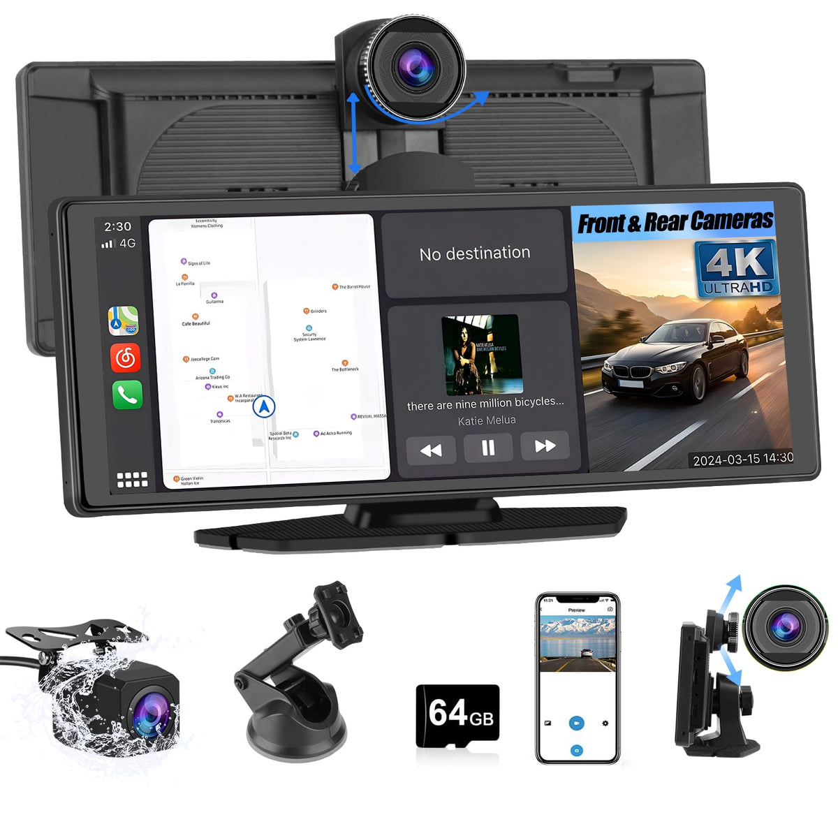 Pyniro portable CarPlay screen with 4K dash cam front view for safe driving