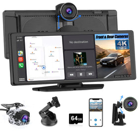 Pyniro portable CarPlay screen with 4K dash cam front view for safe driving