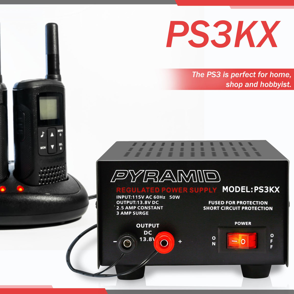Pyramid PS3KX specification label close-up showing voltage and amp ratings