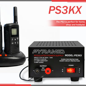 Pyramid PS3KX specification label close-up showing voltage and amp ratings