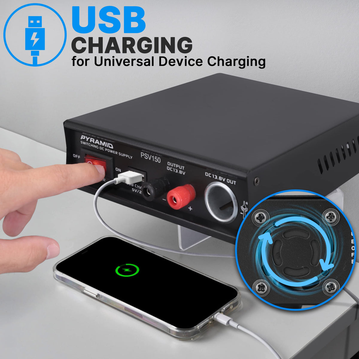 The Pyramid PSV150 cigarette lighter socket enables charging on the go.
