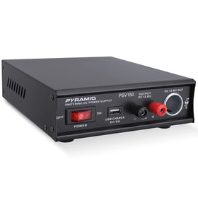 The Pyramid PSV150 front view shows a compact benchtop power supply for electronics projects.